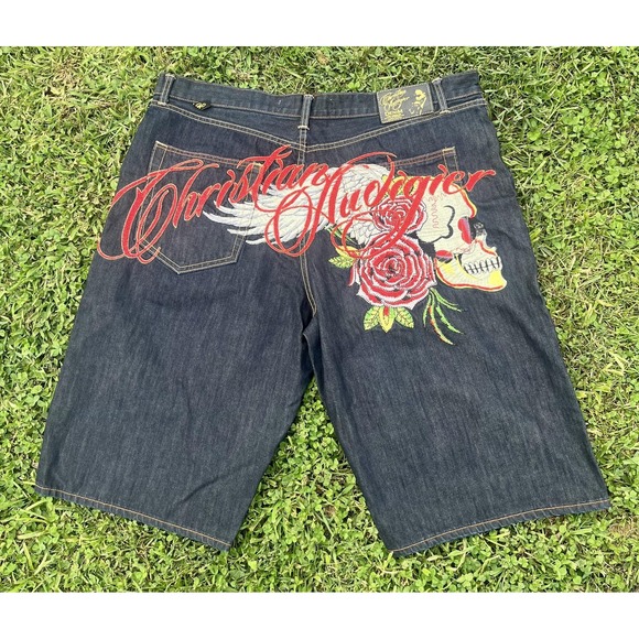 Christian Audigier Ed Hardy Shorts Mens 44 Blue Denim Embroidered Skull Rose - Picture 1 of 16